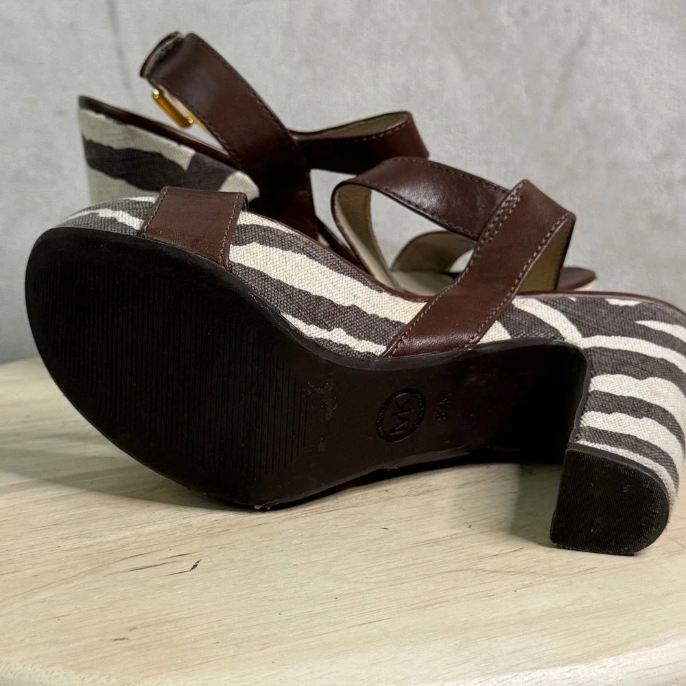 Michael Michael Kors Zebra Print Platform Sandals Brown Leather AB11K Size 8.5M